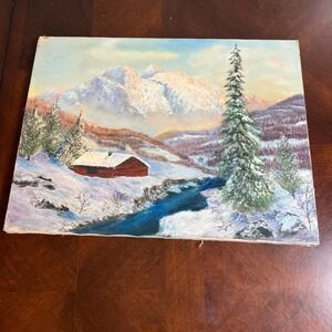 Original Hand Painted Snowy Mountain Cabin 23x18 Rustic Wall Art